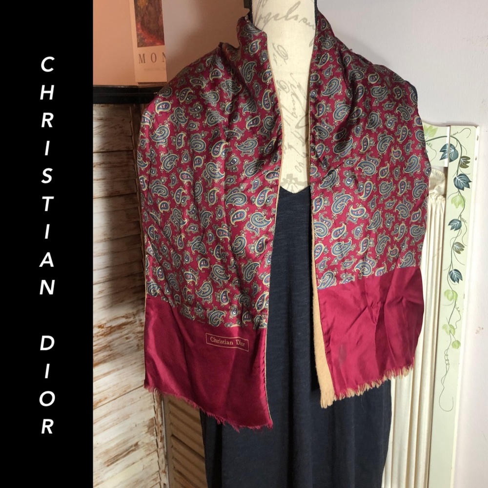 VINTSGE CHRISTIAN DIOR RED PAISLEY/TAN FABRIC LONG SCARF